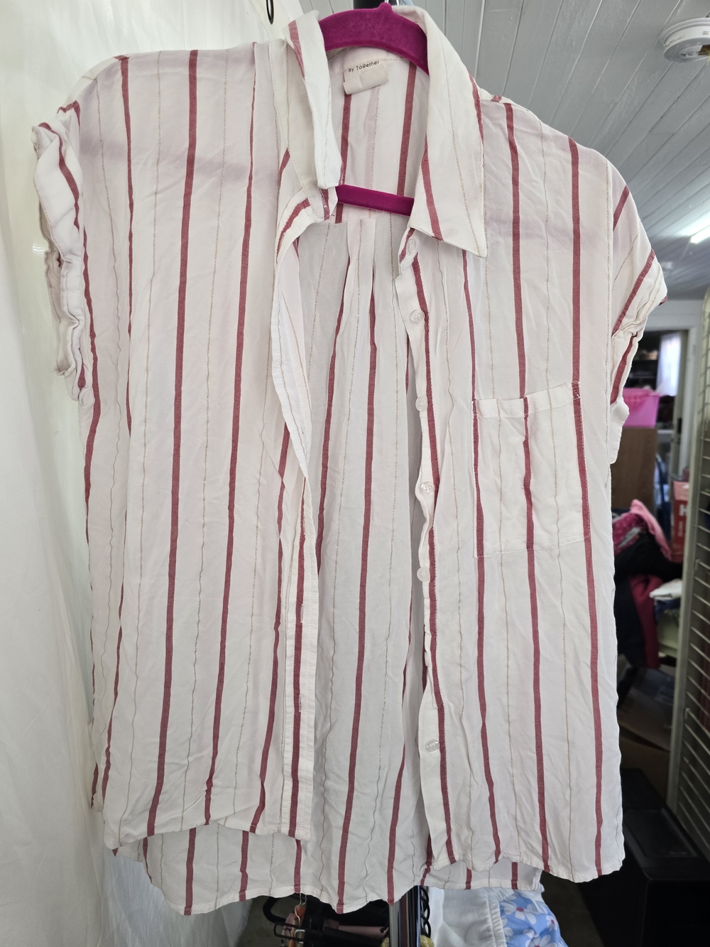 By Together White Button-Down Shirt with Pink Stripes